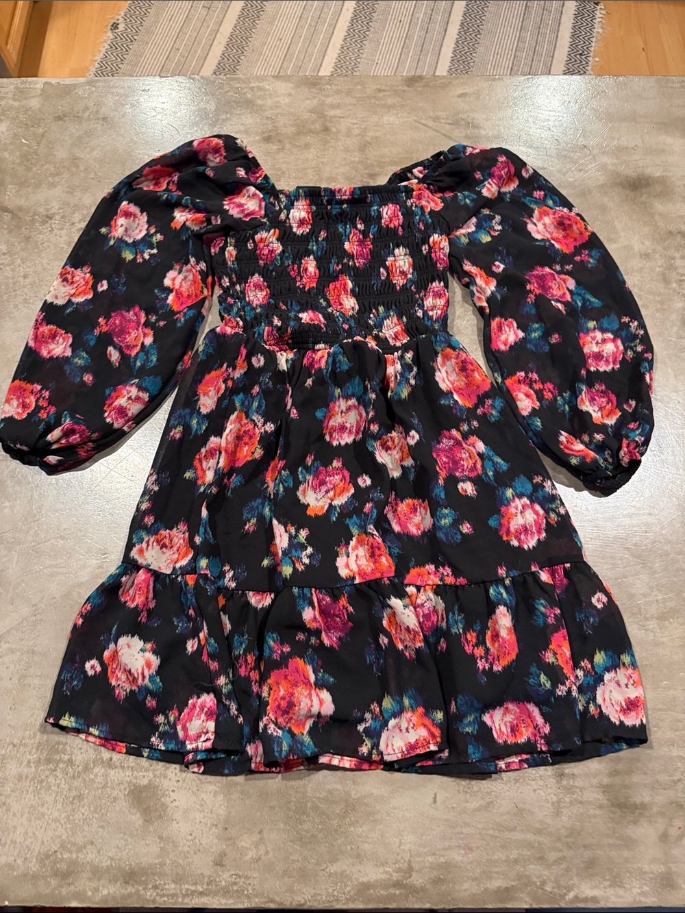 art class Black Floral Smocked Dress with Pink and Coral Blooms